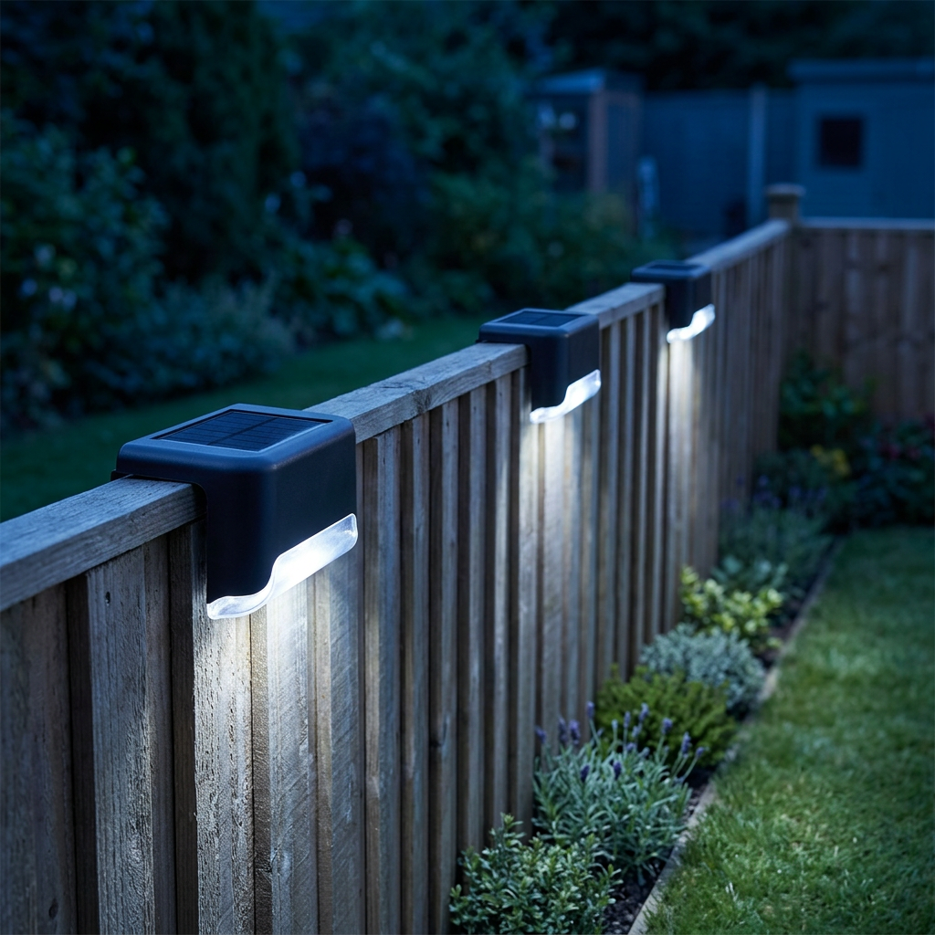 Black solar deck lights with white glow on a fence top