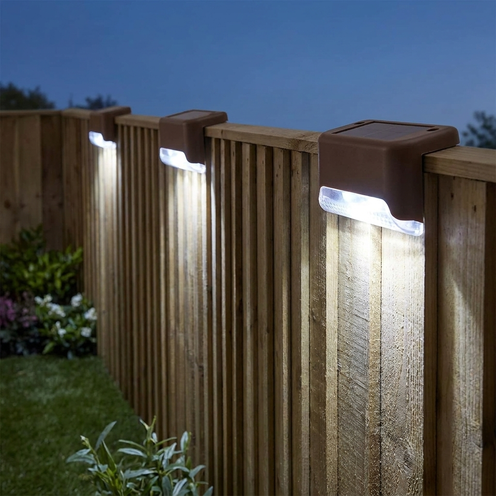 Brown solar deck lights with white glow on a fence top