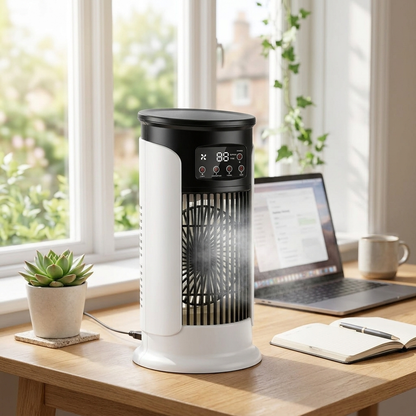 USB desktop misting air cooler fan on a home office desk