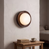 Wooden Wall Light | Round Milky Glass & Wood Wall Lamp for Bedside, Hallway & Stairs | 3 Colour Temperature LED G4, Walnut or Natural, Ø17.5cm