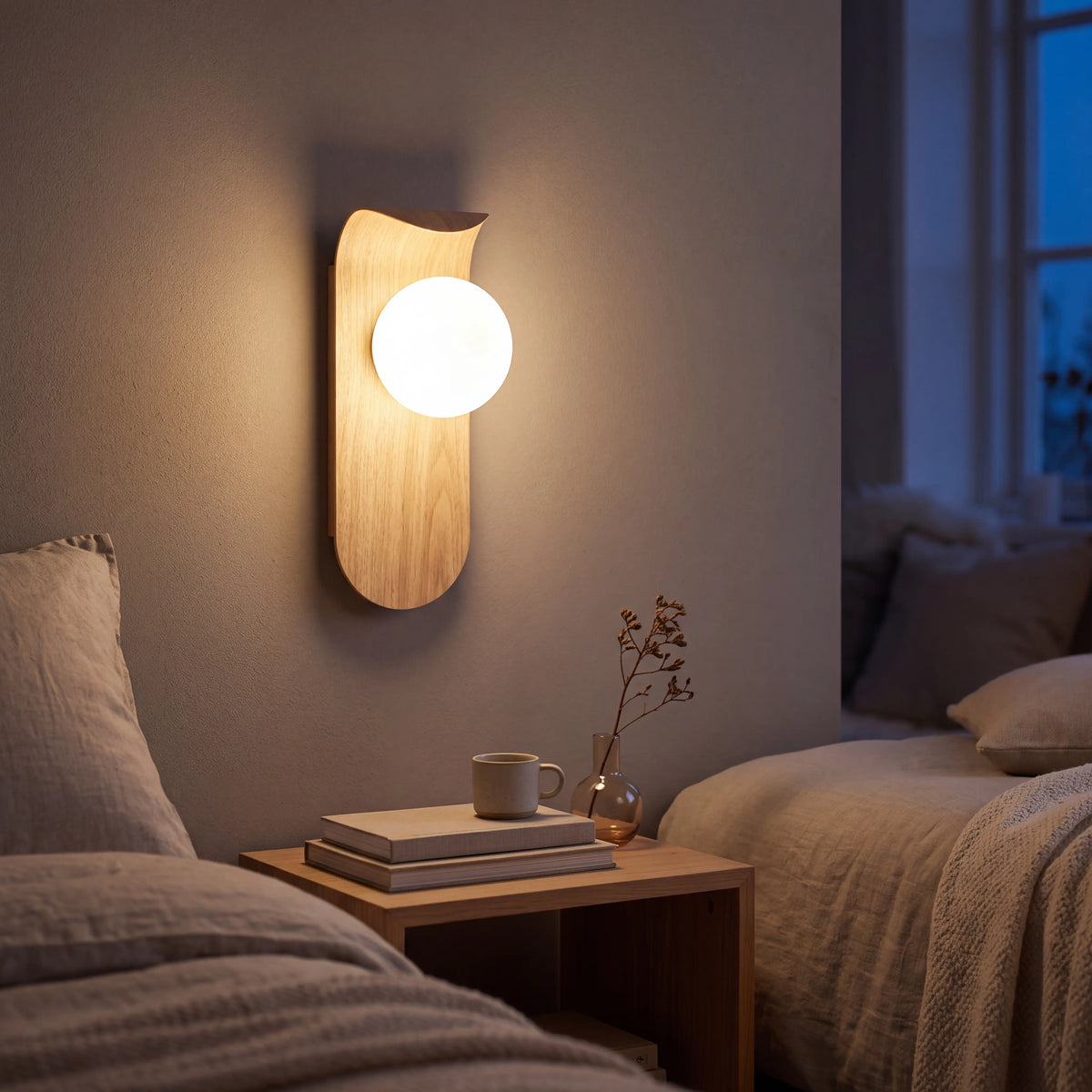 Natural wood grain wall lamp with soft acrylic shade, 13 by 25cm, G9 wall sconce in a UK hallway