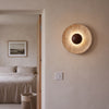 Stone Wall Light | Natural Travertine Sconce with Wood Arm for Bedroom, Hallway & Stairs | Wabi Sabi Bedside Wall Lamp Ø25cm, Warm LED