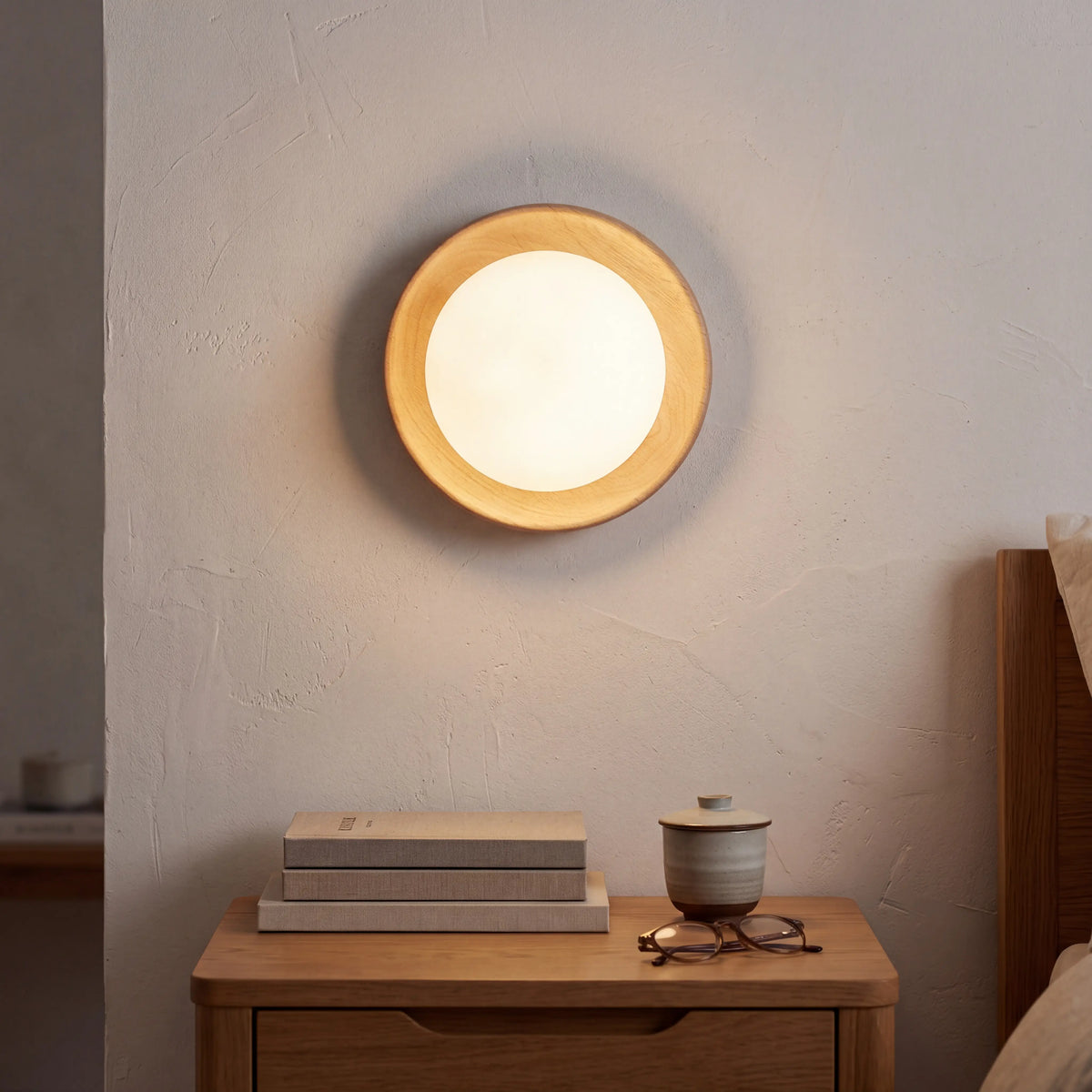 Round milky glass and natural wood wall lamp, 17.5cm diameter, G4 LED wall light in a UK hallway