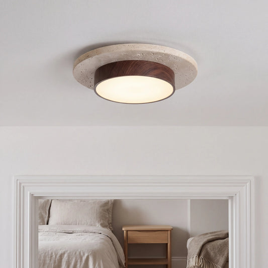 Warm brown natural stone and wood flush ceiling light, 22cm diameter, surface mounted in a UK bedroom