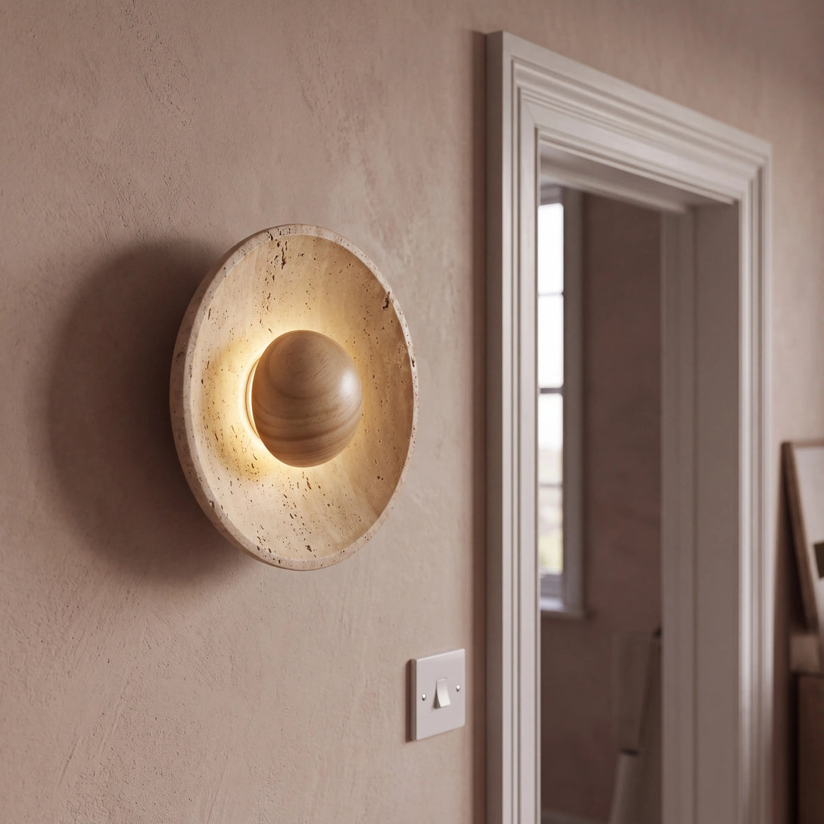 Natural travertine stone wall light with natural wood arm, 25cm diameter, wall mounted in a UK hallway
