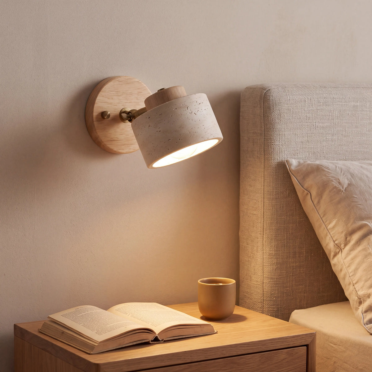 Rotatable yellow cave stone reading wall lamp with log wood arm, 12cm plate, wall mounted in a UK study