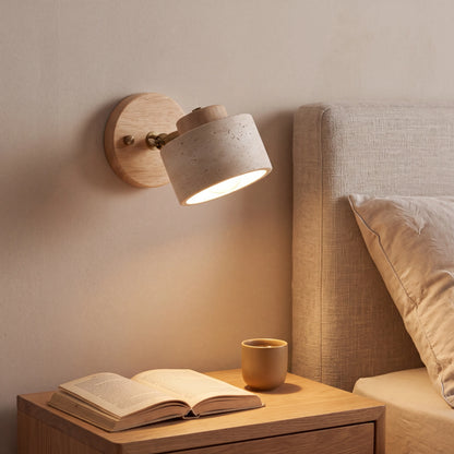 Rotatable yellow cave stone reading wall lamp with log wood arm, 12cm plate, wall mounted in a UK study