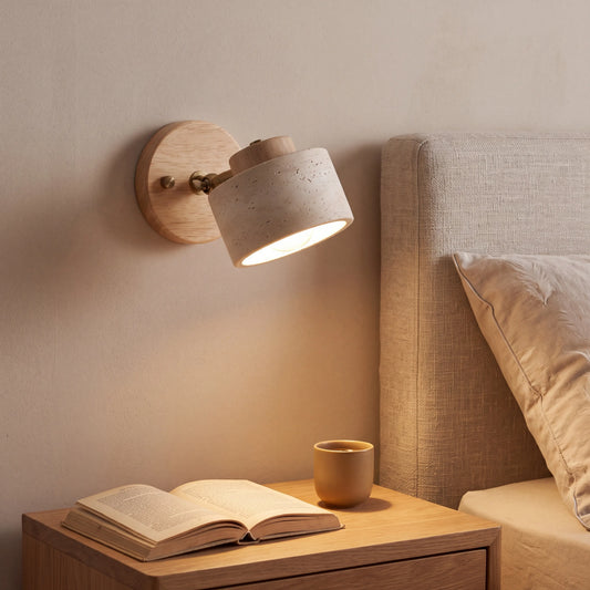 Rotatable yellow cave stone reading wall lamp with log wood arm, 12cm plate, wall mounted in a UK study