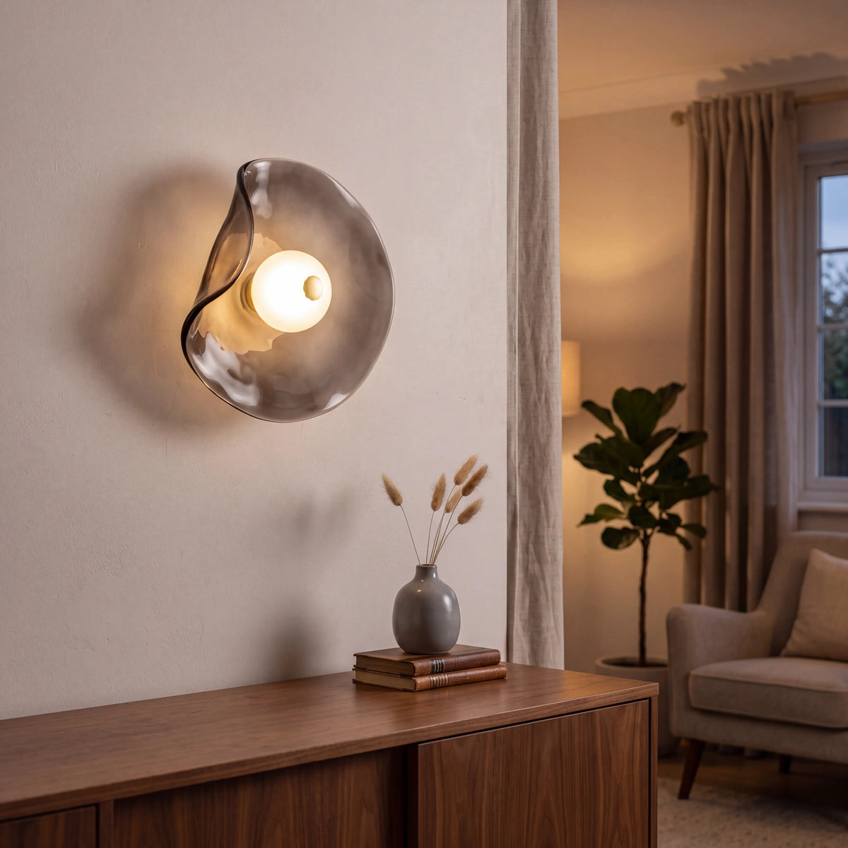 Nordic round grey glass wall light, 25cm diameter, wall mounted in a UK hallway