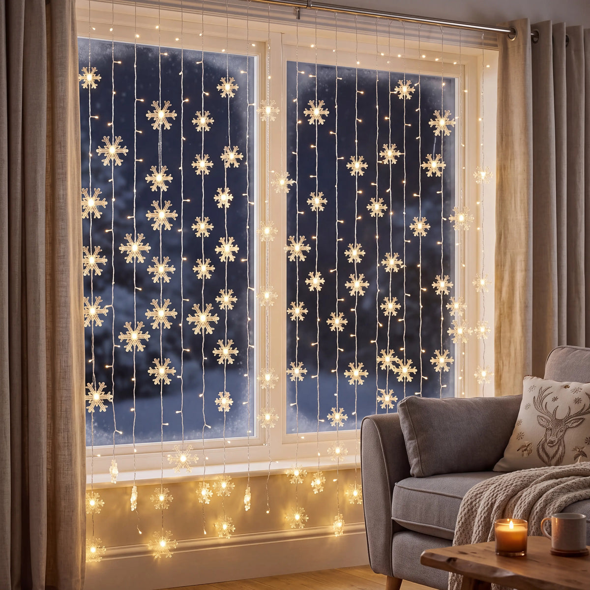 Warm white LED snowflake curtain lights, 3m indoor fairy string lights hung in a UK window at Christmas