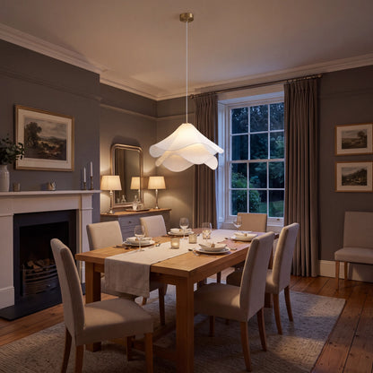 White layered fabric flower petal pendant light, E27 ceiling lamp, hanging over a dining table in a UK home