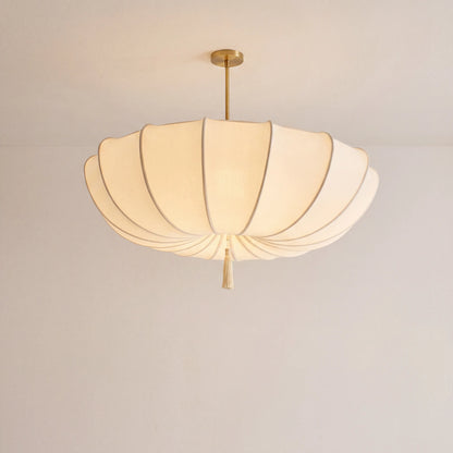 French pleated umbrella fabric chandelier with wrought iron frame, E27 pendant in a UK bedroom