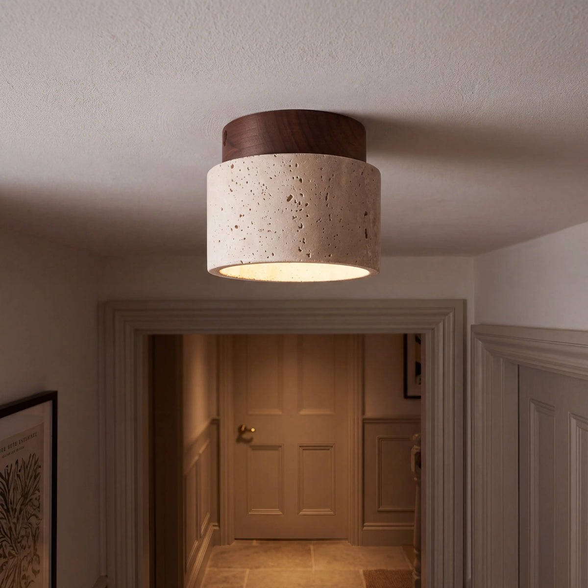 Travertine and walnut LED downlight, short 12 by 10cm, surface mounted E27 ceiling spotlight in a UK porch