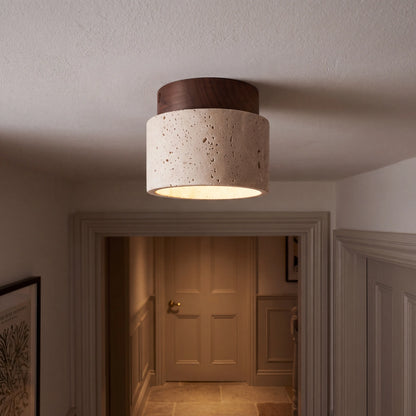 Travertine and walnut LED downlight, short 12 by 10cm, surface mounted E27 ceiling spotlight in a UK porch