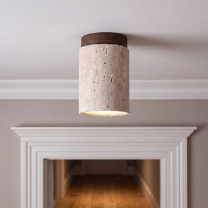 Travertine and walnut LED downlight, tall 11 by 16cm, surface mounted E27 ceiling spotlight in a UK hallway