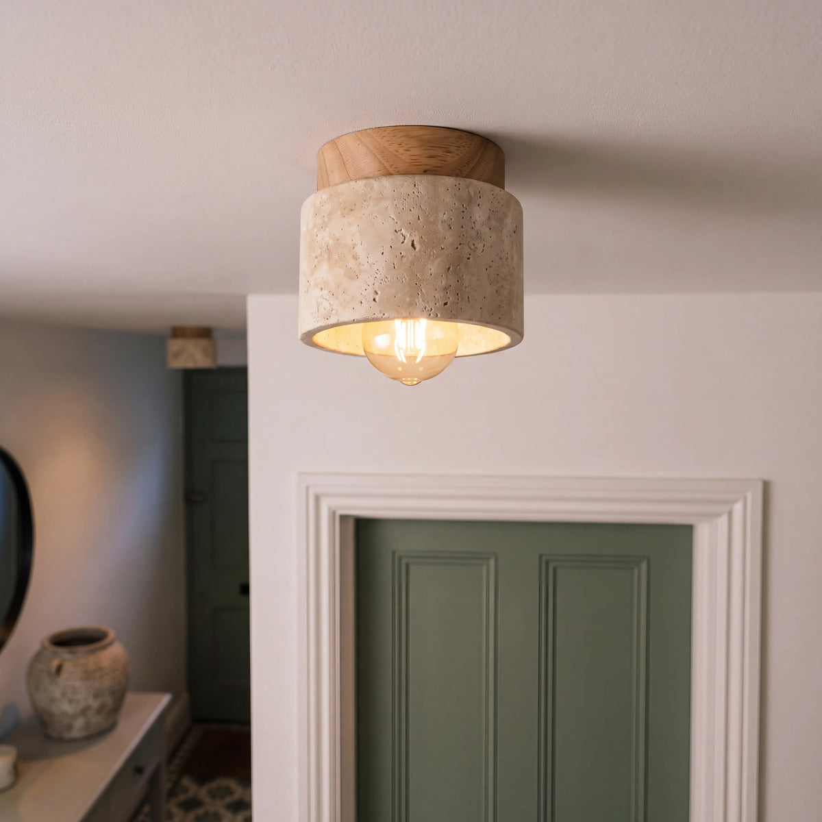 Travertine and light wood LED downlight, short 12 by 10cm, surface mounted E27 ceiling spotlight in a UK balcony