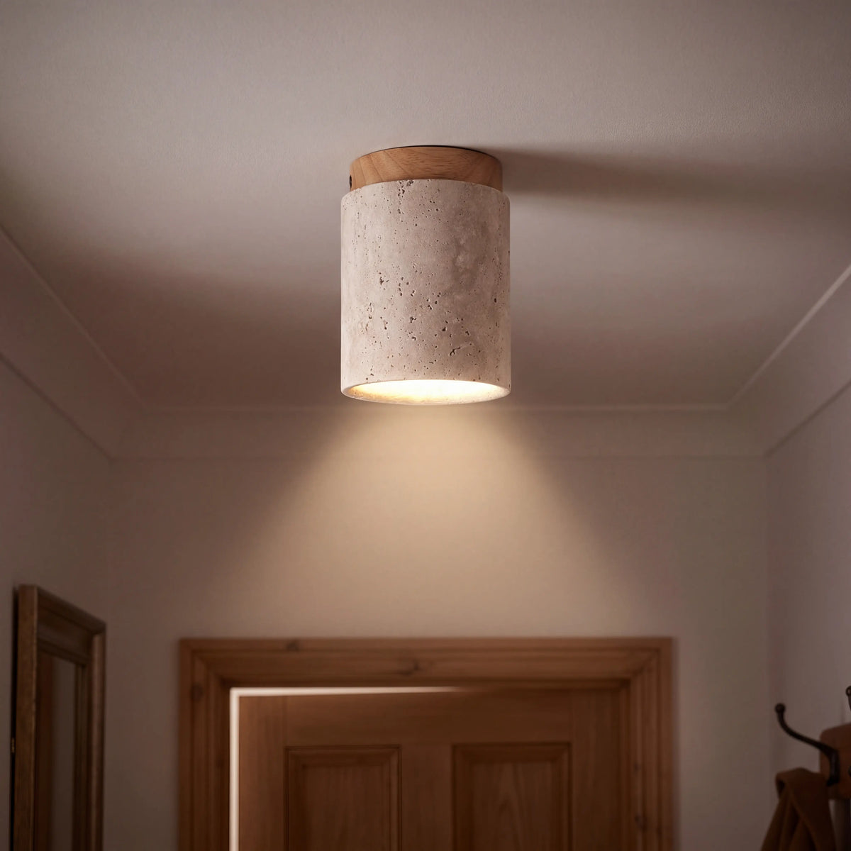 Travertine and light wood LED downlight, tall 11 by 16cm, surface mounted E27 ceiling spotlight in a UK living room