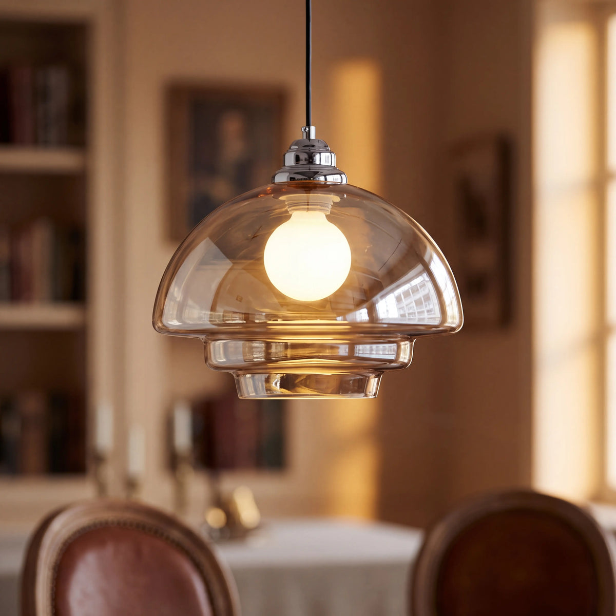 Amber bell glass pendant light, 28 by 19cm, E27 hanging lamp over a UK kitchen island