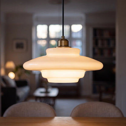 White wide bell glass pendant light, 32 by 19cm, E27 hanging lamp in a UK study