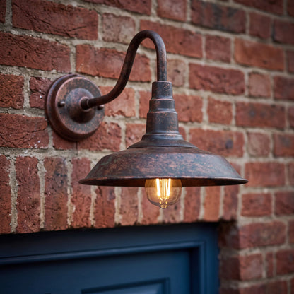 Rustic patina retro outdoor barn wall light, 40cm arm, E27 vintage garden lamp on a UK garden wall