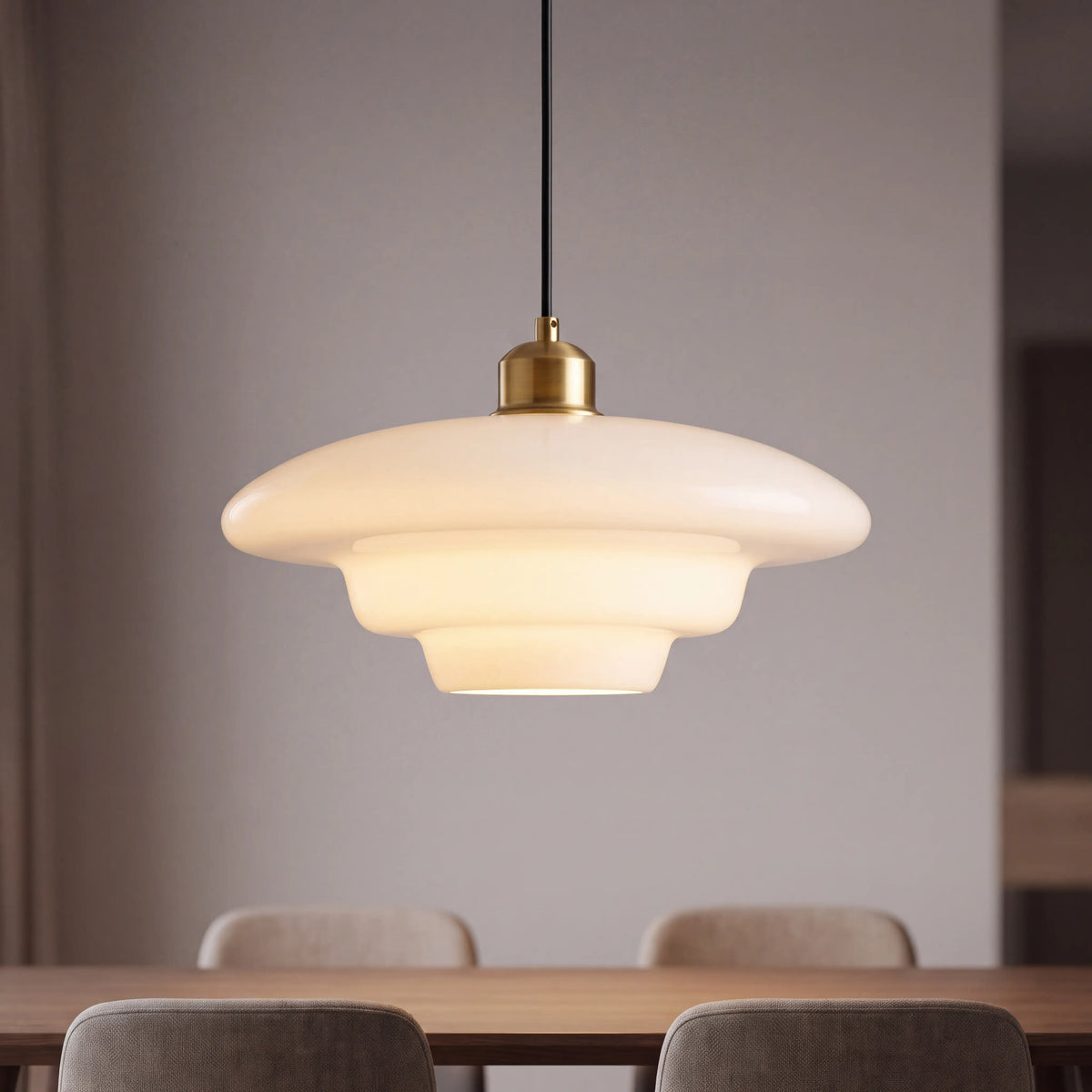 White dome glass pendant light, 30 by 12cm, E27 hanging lamp over a UK kitchen island