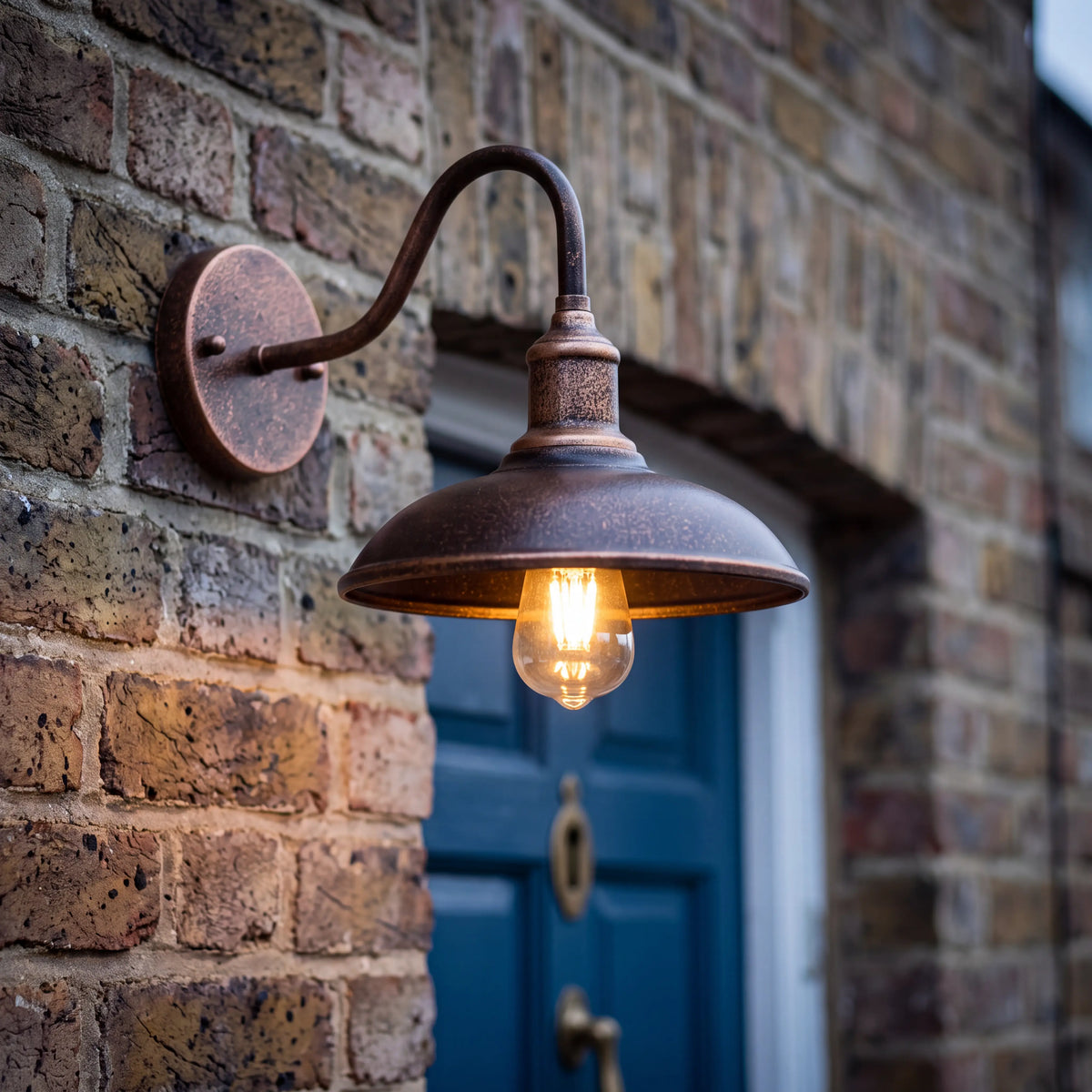 Gold bronze retro outdoor barn wall light, small 37cm arm, E27 vintage garden lamp by a UK front door