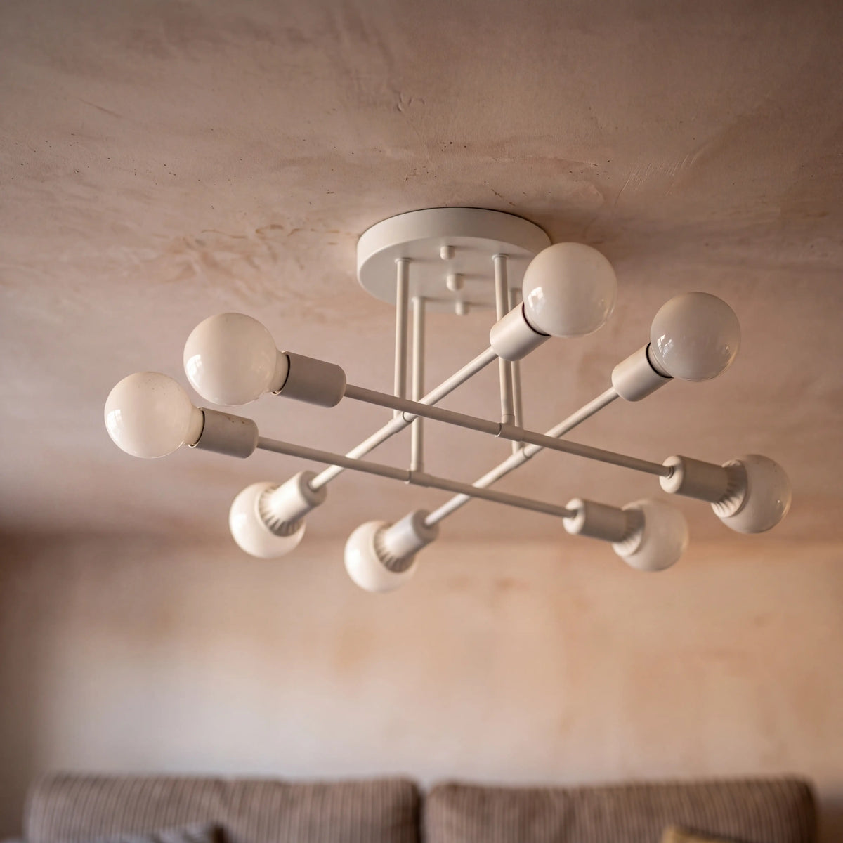 White 8 arm sputnik semi flush ceiling light, D70cm mid century chandelier in a UK bedroom