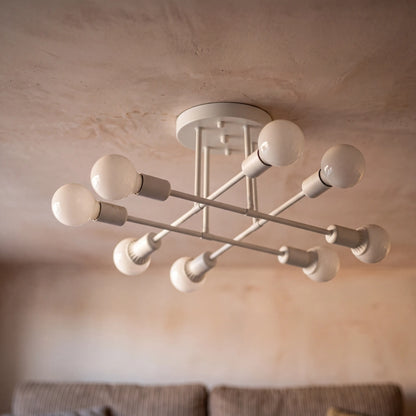 White 8 arm sputnik semi flush ceiling light, D70cm mid century chandelier in a UK bedroom