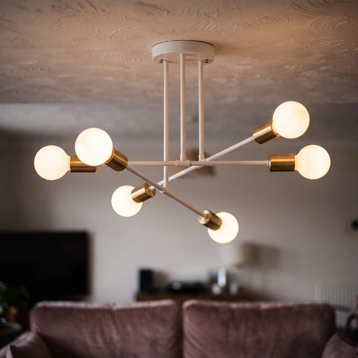 White and gold 6 arm sputnik semi flush ceiling light, D70cm mid century chandelier in a UK hallway