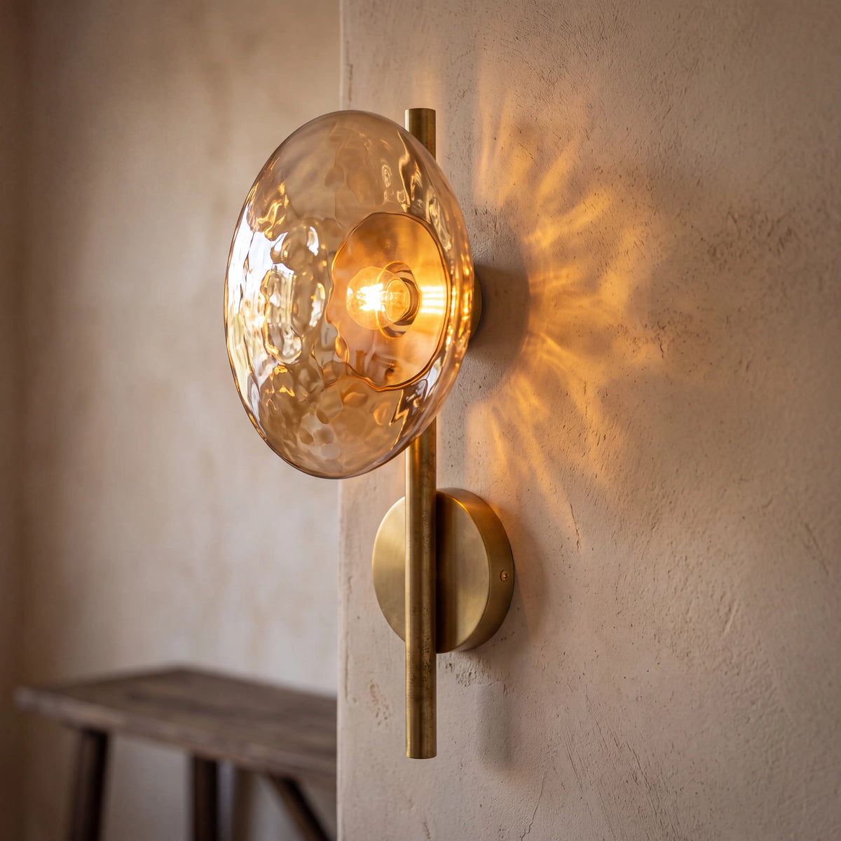 Gold and amber dimpled glass wall sconce, rod style H40cm, wall mounted in a UK living room