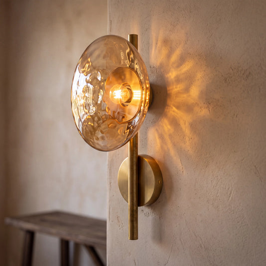 Gold and amber dimpled glass wall sconce, rod style H40cm, wall mounted in a UK living room