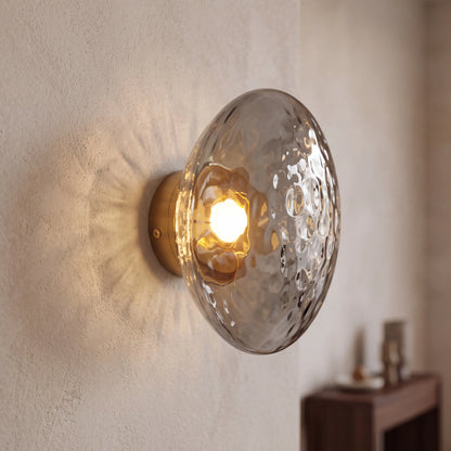 Gold and grey dimpled glass wall sconce, flush style D15cm, wall mounted in a UK living room