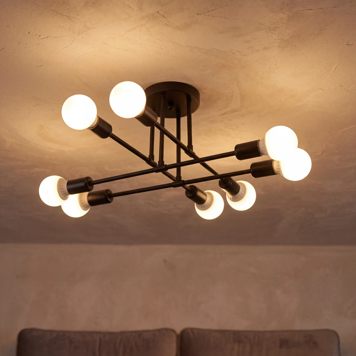 Black 8 arm sputnik semi flush ceiling light, D70cm mid century chandelier in a UK living room