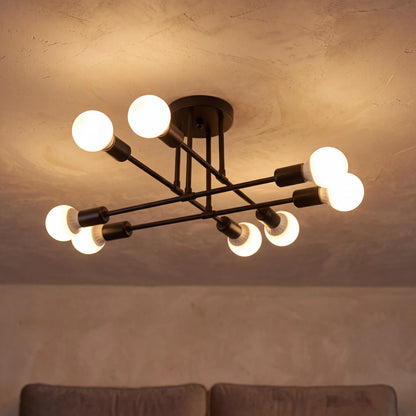Black 8 arm sputnik semi flush ceiling light, D70cm mid century chandelier in a UK living room
