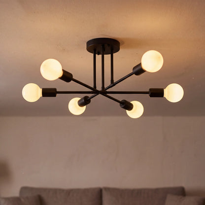 Black 6 arm sputnik semi flush ceiling light, D70cm mid century chandelier in a UK living room