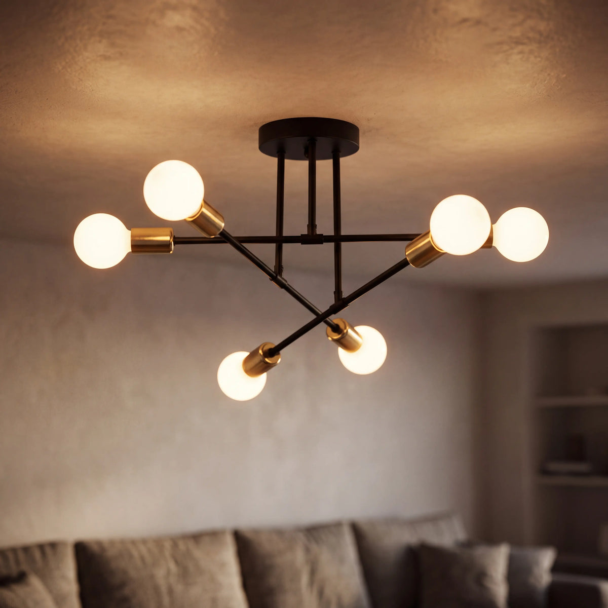 Black and gold 6 arm sputnik semi flush ceiling light, D70cm mid century chandelier in a UK dining room