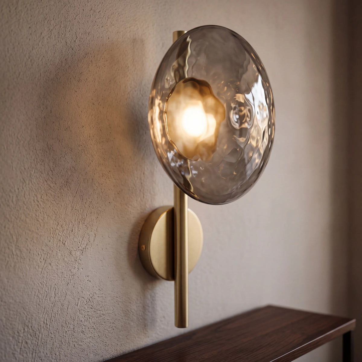 Gold and grey dimpled glass wall sconce, rod style H40cm, wall mounted in a UK hallway