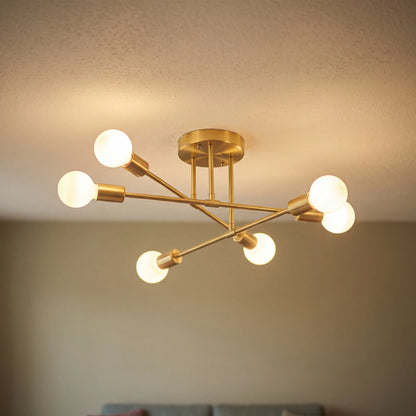 Gold 6 arm sputnik semi flush ceiling light, D70cm mid century chandelier in a UK living room