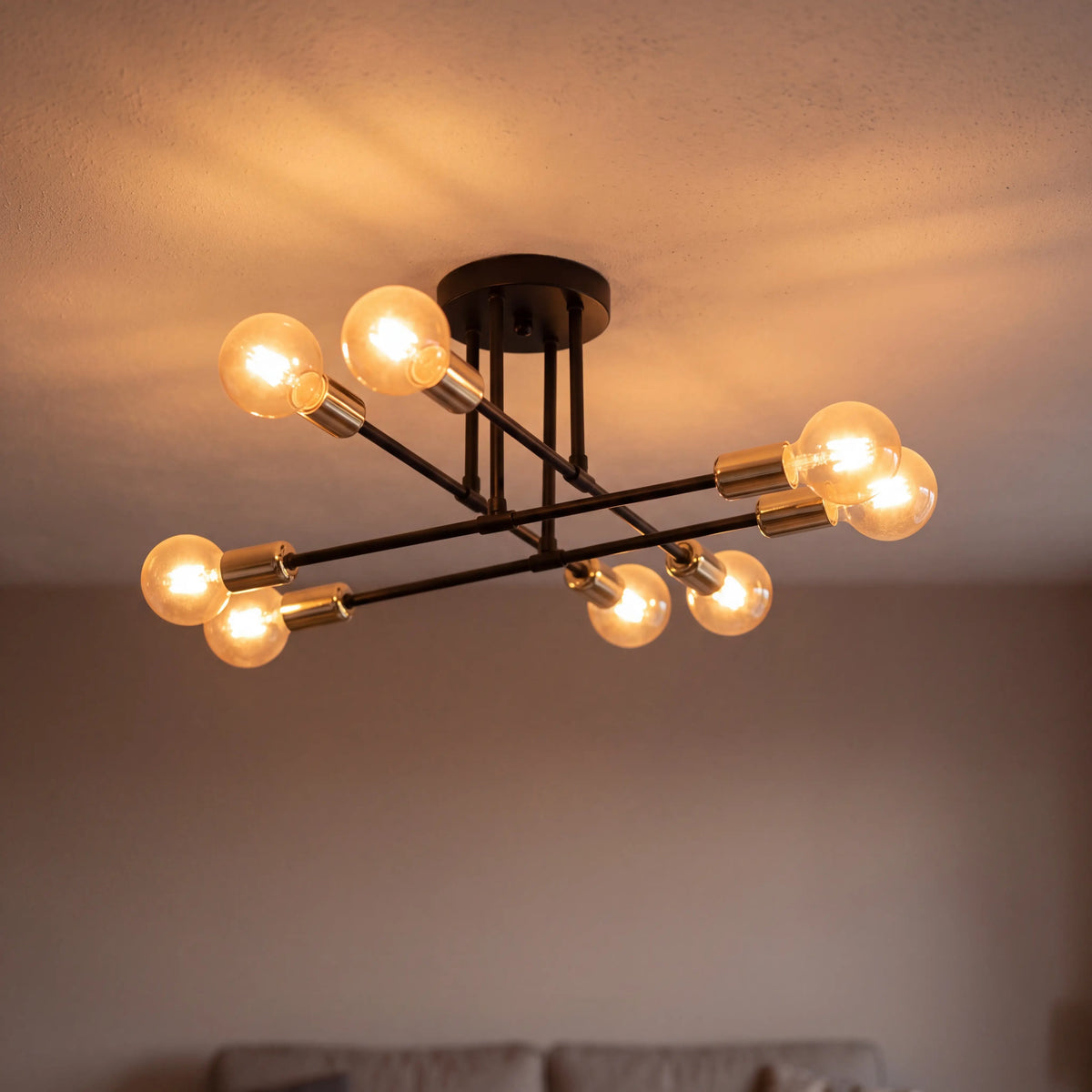 Black and gold 8 arm sputnik semi flush ceiling light, D70cm mid century chandelier in a UK hallway