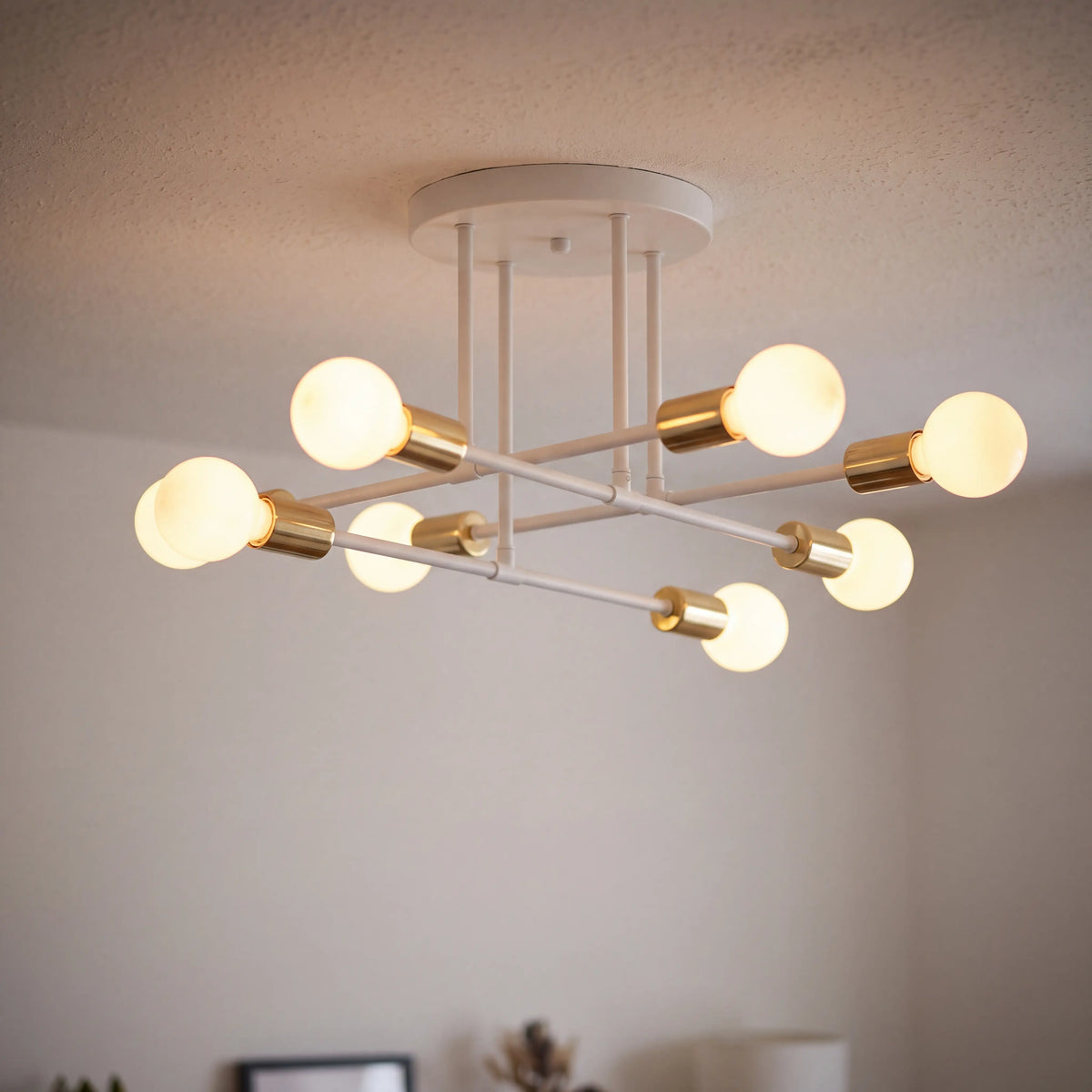 White and gold 8 arm sputnik semi flush ceiling light, D70cm mid century chandelier in a UK living room