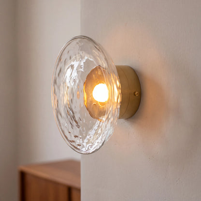 Gold and clear dimpled glass wall sconce, rod style H40cm, wall mounted beside a UK staircase