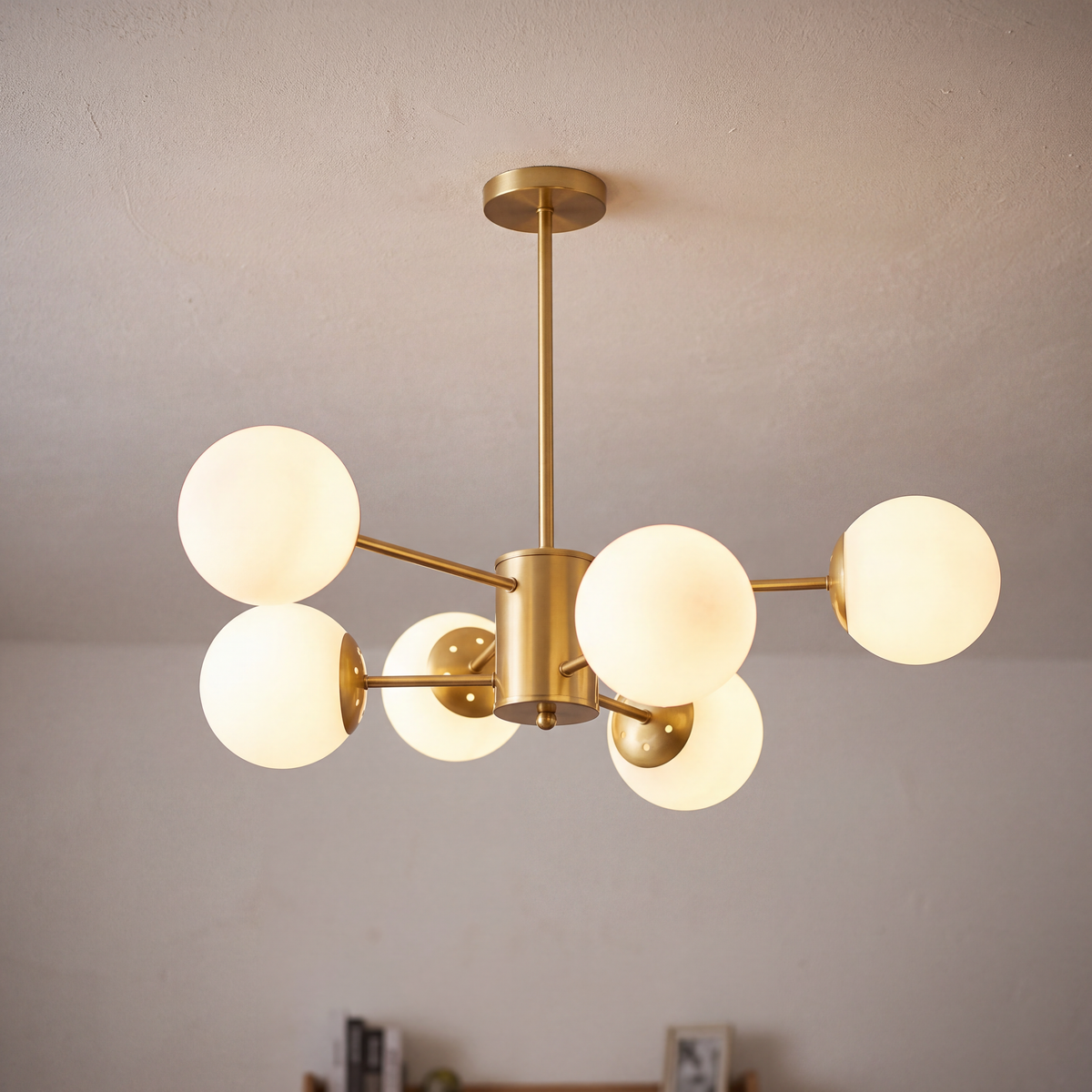 Modern glass globe chandelier, 6 light gold frame