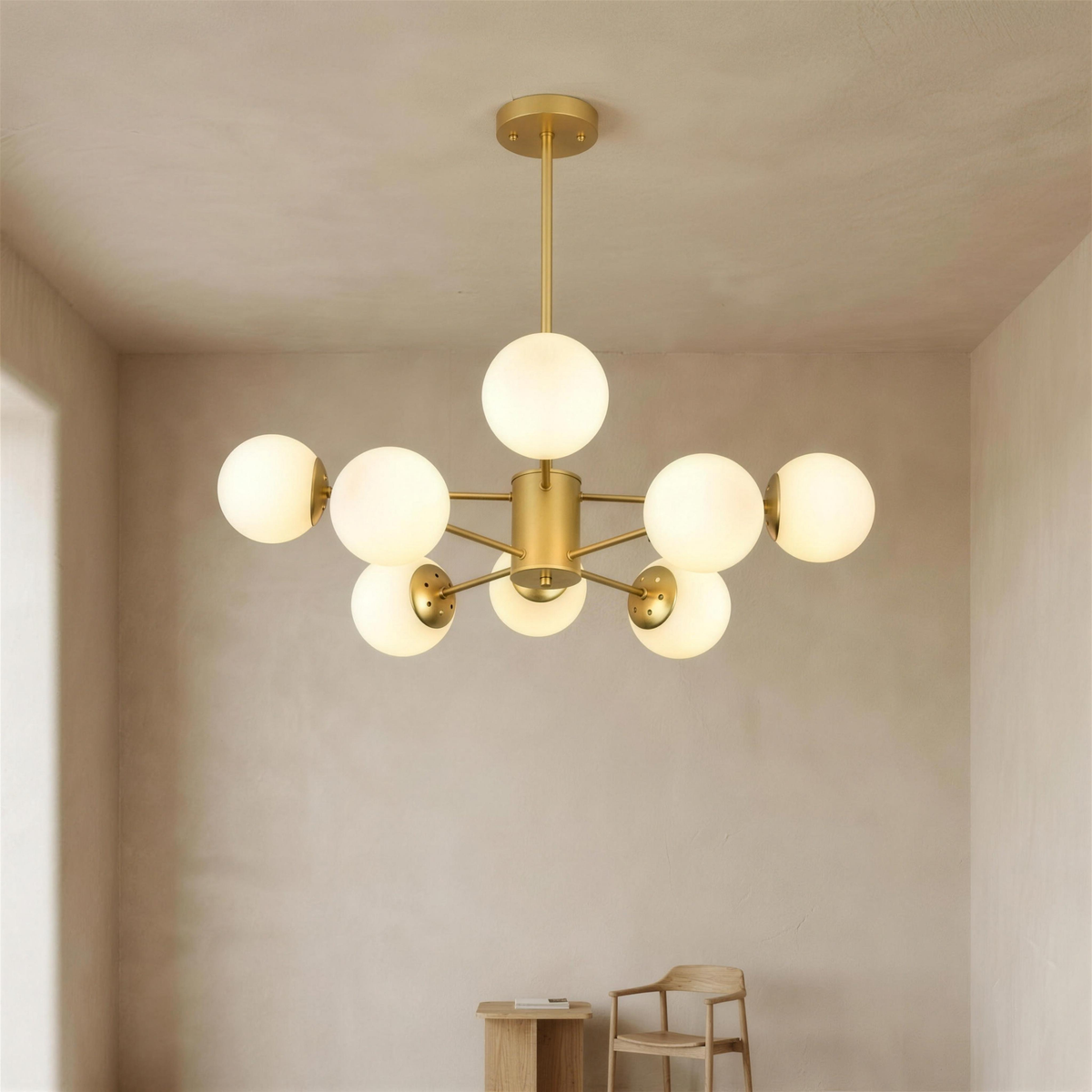 Modern glass globe chandelier, 8 light gold frame