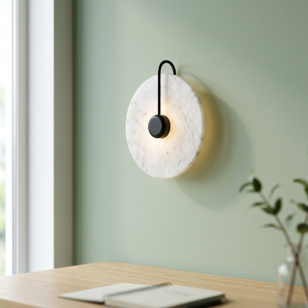 Designer marble wall light, B Form 15cm with black rod