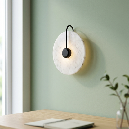 Designer marble wall light, B Form 15cm with black rod