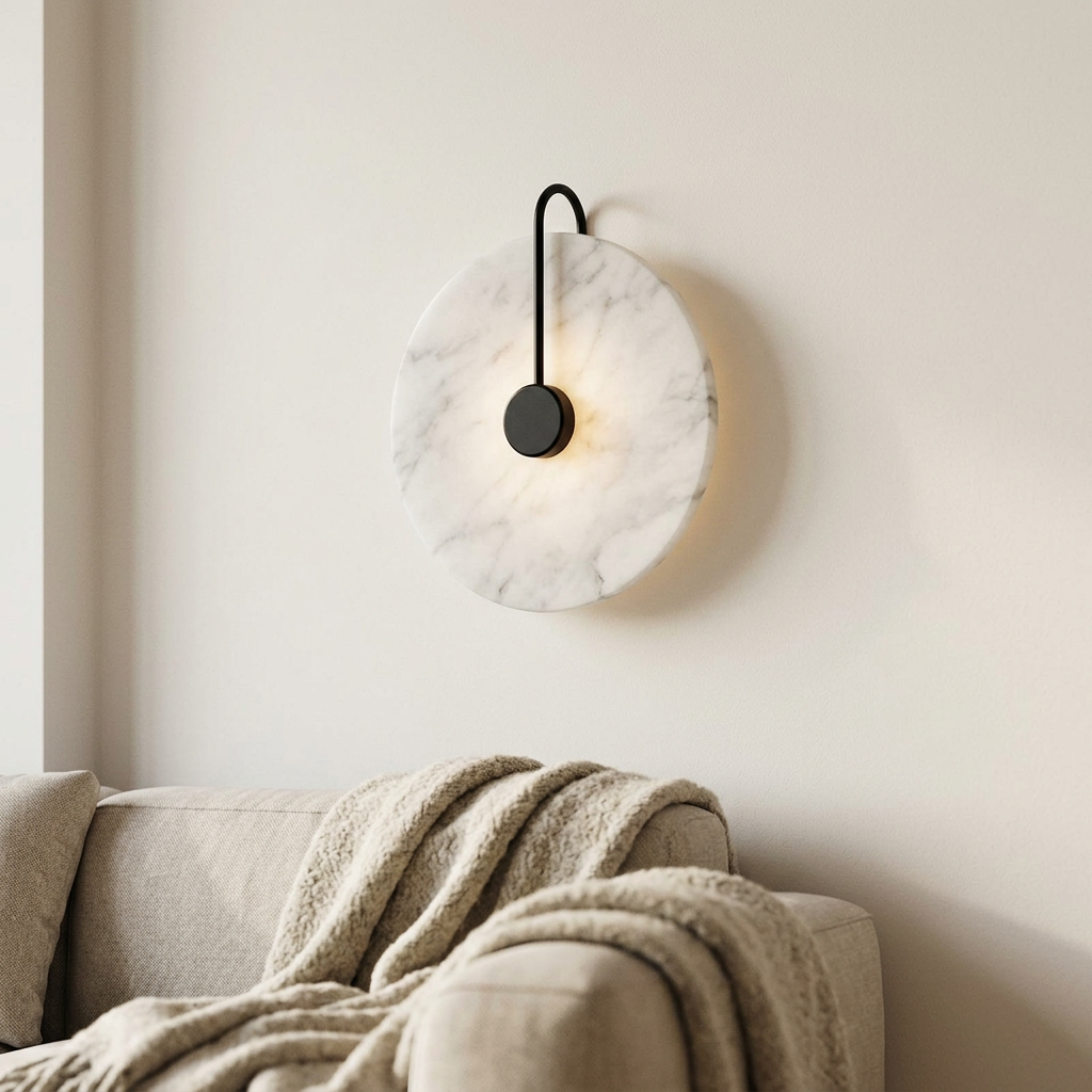 Designer marble wall light, B Form 20cm with black rod