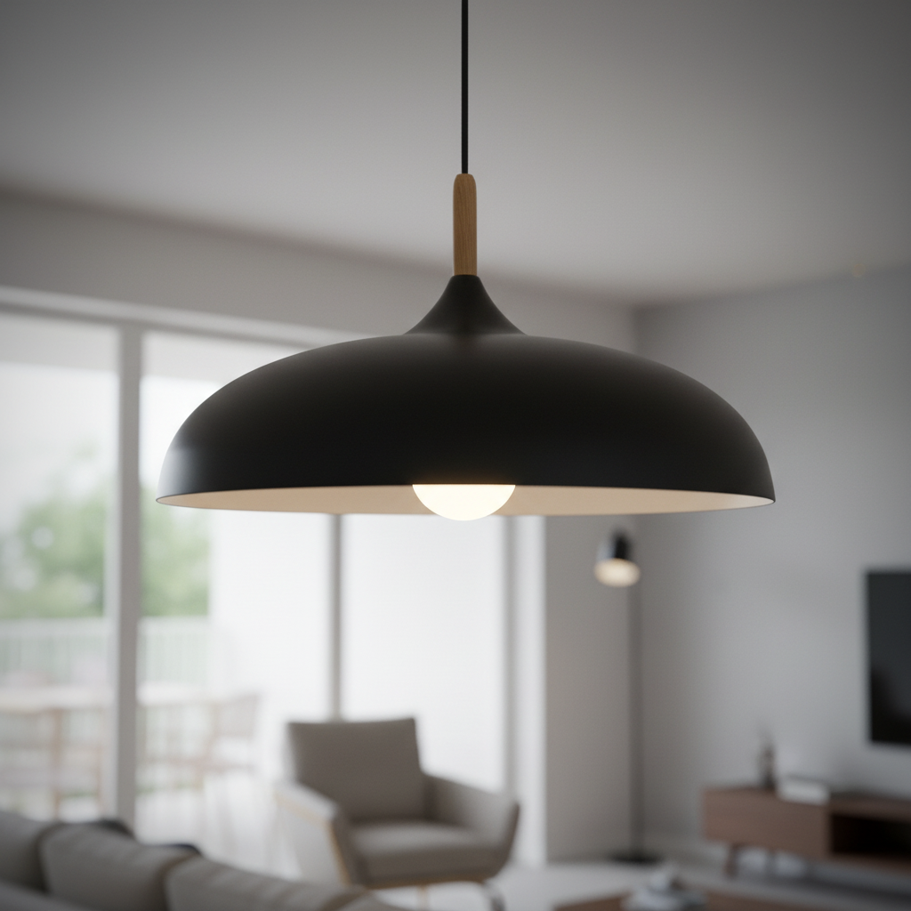 Nordic macaron dome pendant light with oak stem, Black