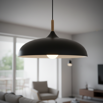 Nordic macaron dome pendant light with oak stem, Black
