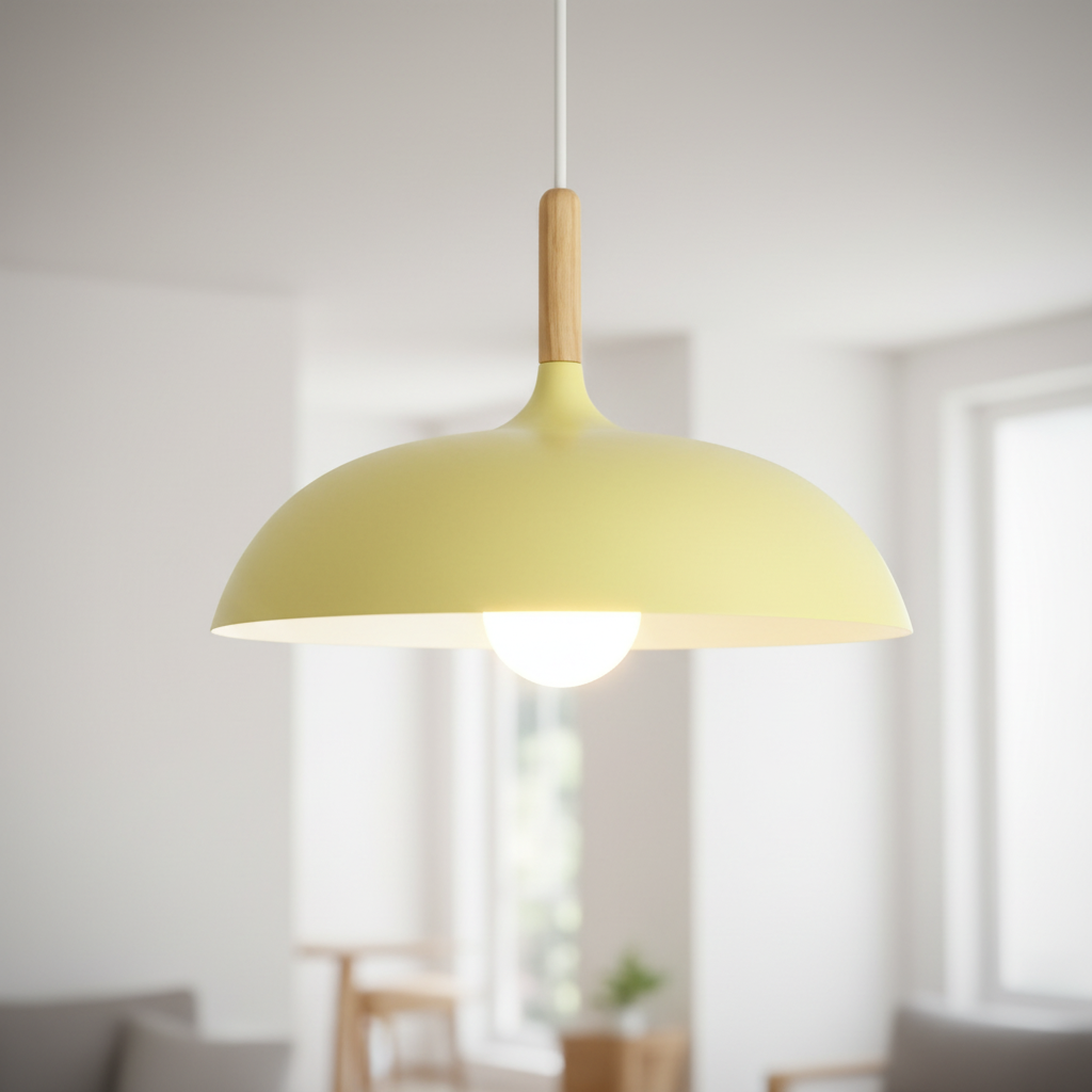 Nordic macaron dome pendant light with oak stem, Soft Yellow