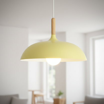 Nordic macaron dome pendant light with oak stem, Soft Yellow